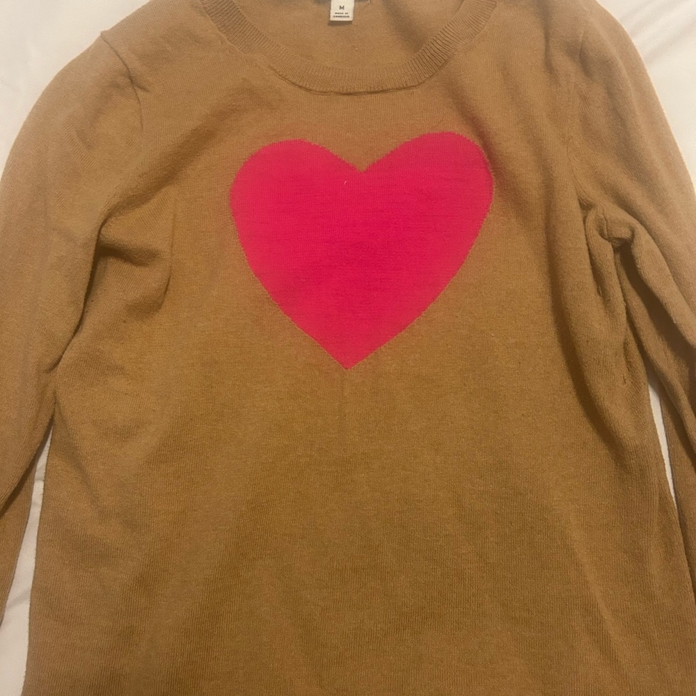 J Crew Tan Sweater with Pink Heart